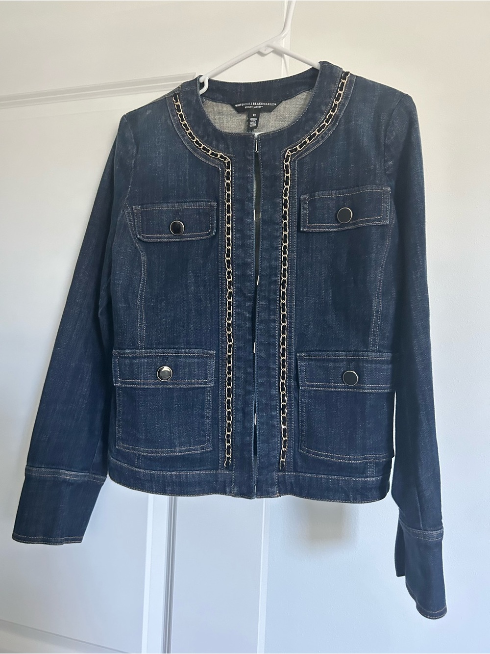 White House Black Market Collection Dark Blue Denim Chain-Trim Jacket